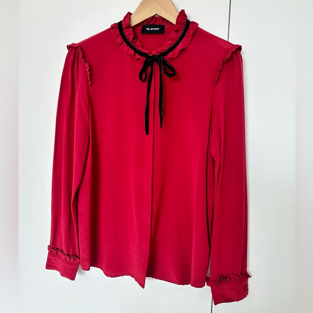 The Kooples 100% Silk Ruffle Tie‑Neck Blouse
